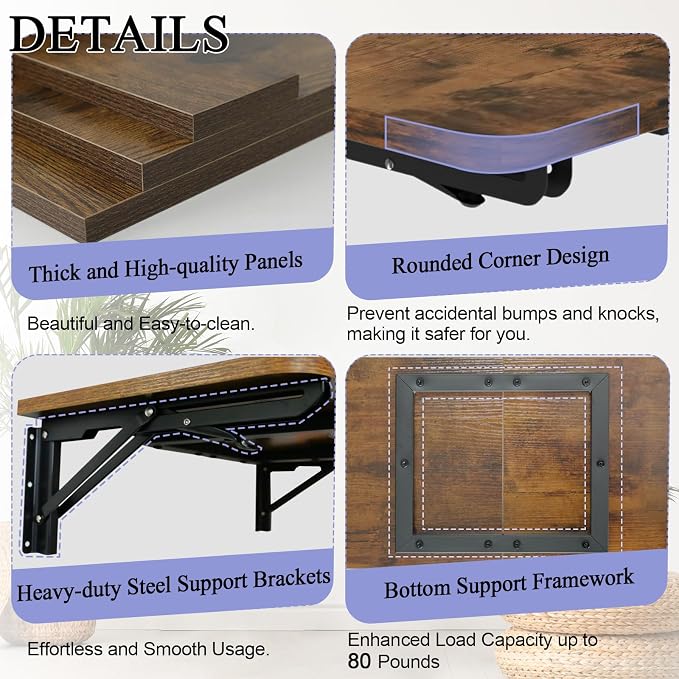 TEAMIX Wall Mounted Folding Table, Rustic Brown Floating Wall Desk - Image 4