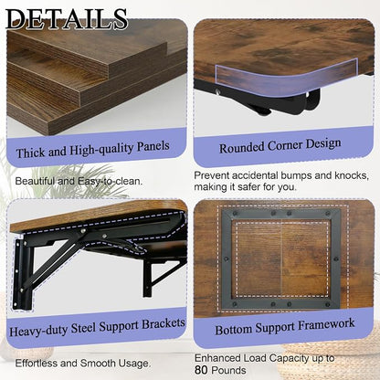 TEAMIX Wall Mounted Folding Table, Rustic Brown Floating Wall Desk - Image 4