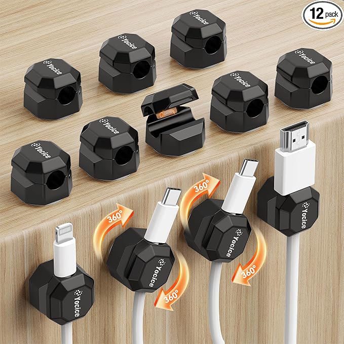 12 Pack Rotatable Cable Clips, Spring Cord Organizer Desk Cable Management Cord by Yocice
