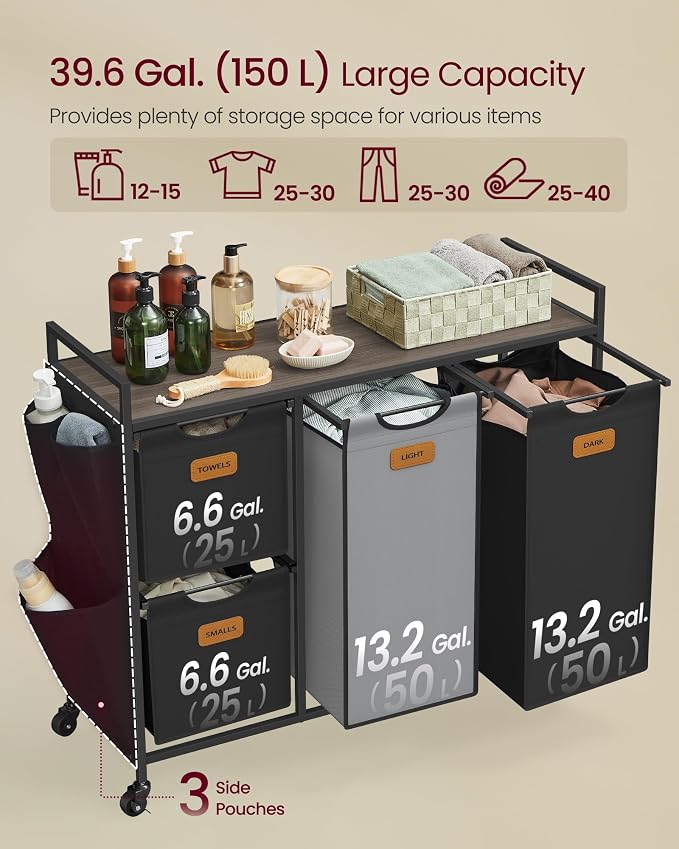 VASAGLE Laundry Hamper with 4 Compartments, 39.6 Gal. Laundry Sorter, Rolling - Image 3