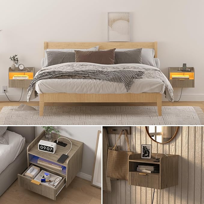 White Floating Nightstand with Charging Station and LED Lights - Image 7