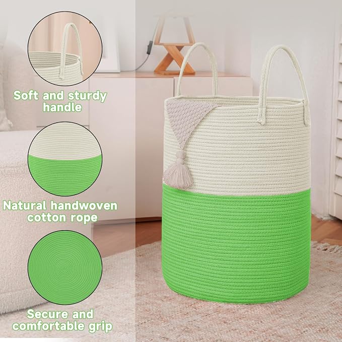 Large Woven Laundry Basket Hamper, 80L Cotton Rope Storage Bin - Image 6