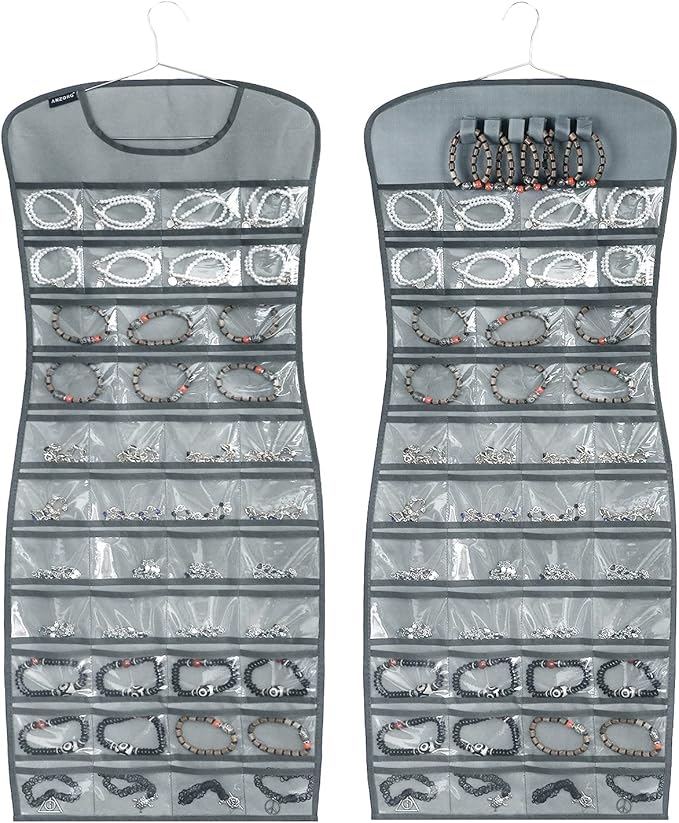 Hanging Jewelry Organizer Dual Sided 84 Clear Pockets and 6 Hook Loops Storage by ANZORG