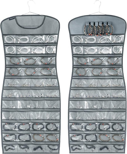 Hanging Jewelry Organizer Dual Sided 84 Clear Pockets and 6 Hook Loops Storage by ANZORG