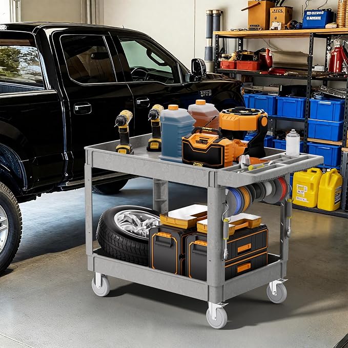 2 Tier Plastic Rolling Utility Cart on Wheels, Heavy Duty Tool Cart - Image 7