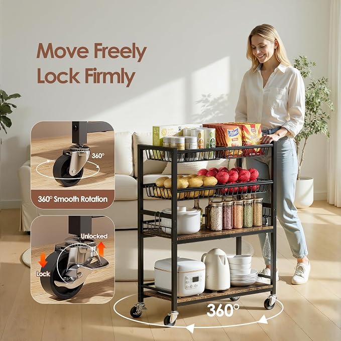 Kitchen Storage Cart, 4 Tier Utility Rolling Snack Cart, Fruit & Vegetables - Image 3