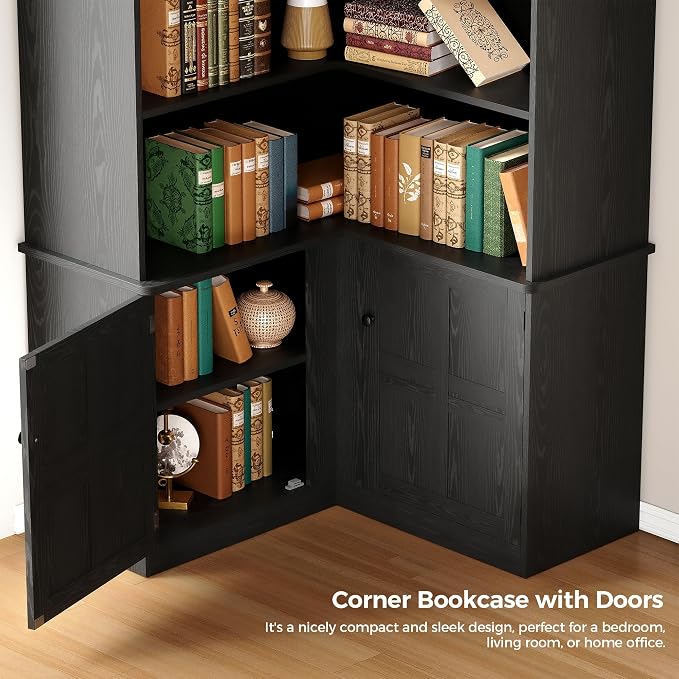 IRONCK Corner Bookshelf with Doors, 6 Tier Bookcase with Storage, Corner Shelf - Image 6