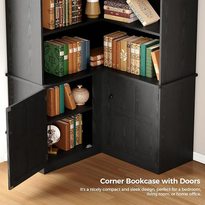 IRONCK Corner Bookshelf with Doors, 6 Tier Bookcase with Storage, Corner Shelf - Image 6