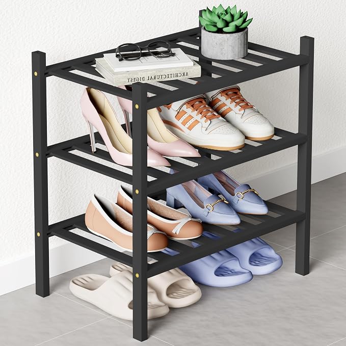 Smiry Bamboo Shoe Rack for Closet, 3 Tier Small Wooden Stackable Shoe Organizer by Smiry