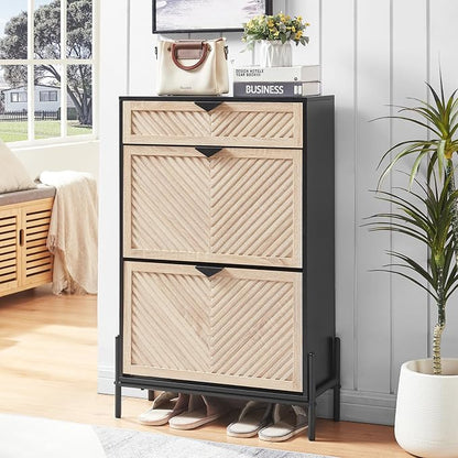 Shoe Cabinet with 2 Flip Drawers, Narrow Entryway Rack, Oak&Black | Slanted by VIPLUMI
