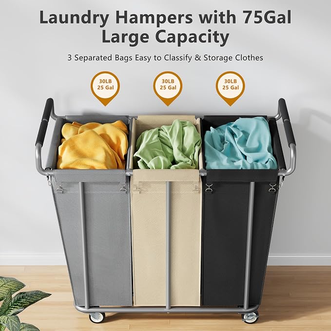 Large laundry hamper with Wheels, 360L 3 Bag Big Rolling Laundry Hamper Sorter - Image 5