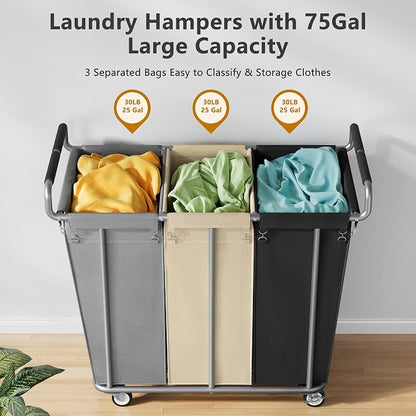 Large laundry hamper with Wheels, 360L 3 Bag Big Rolling Laundry Hamper Sorter - Image 5