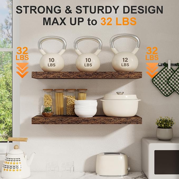 Floating Shelves for Wall, 27.5 Inch Bathroom Shelves Set of 2, Rustic Wood - Image 4