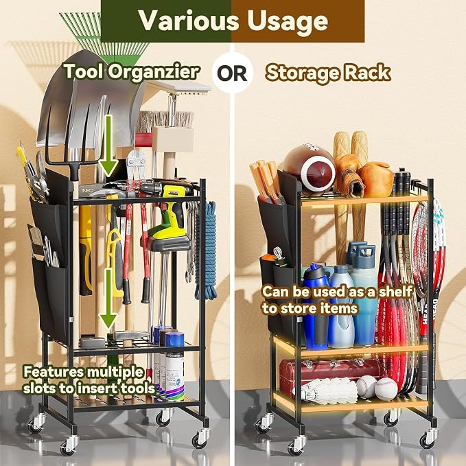 Garden Tool Organizer with Wheels, Rolling Yard Tool Tower Rack Carts - Image 7