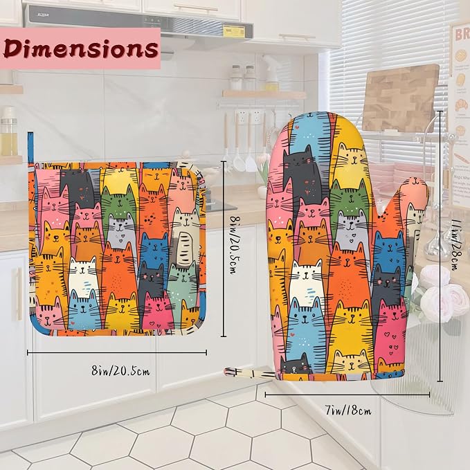 Funny Cat Oven Mitts and Pot Holders 4 Piece Set, Heat-Resistant Silicone Extra - Image 2