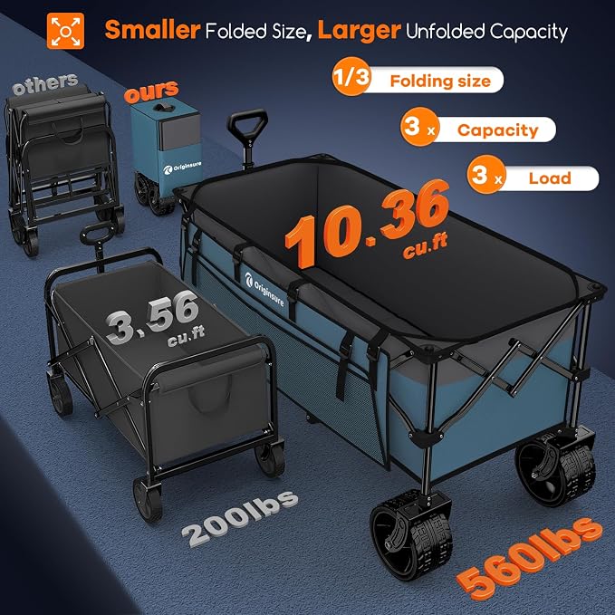 48" L Folding Beach Wagon Cart Foldable, 560lbs Weight Capacity 300L Heavy Duty - Image 3