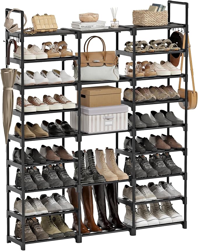 WOWLIVE 9 Tier 3-Column Shoe Rack, 50-55 Pairs Stackable Black | 50in long by WOWLIVE