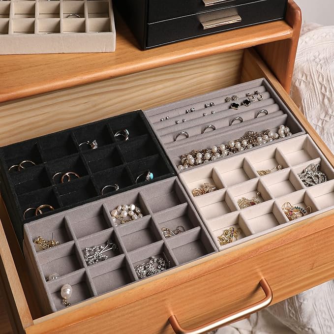 Frebeauty Jewelry Organizer Tray, Stackable Velvet Jewelry Trays, Drawer - Image 8