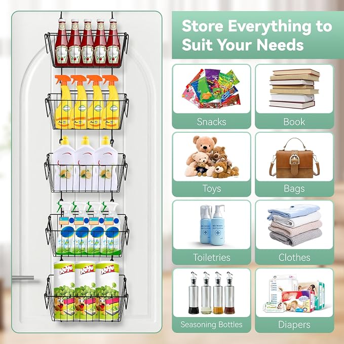Over The Door Organizer – 5 Removable Hanging Baskets, Back of Door Storage - Image 2
