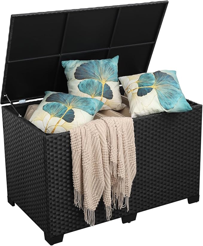 Valita Outdoor Wicker Storage Box, Big Size, Resin Black Rattan Deck Bin - Image 7