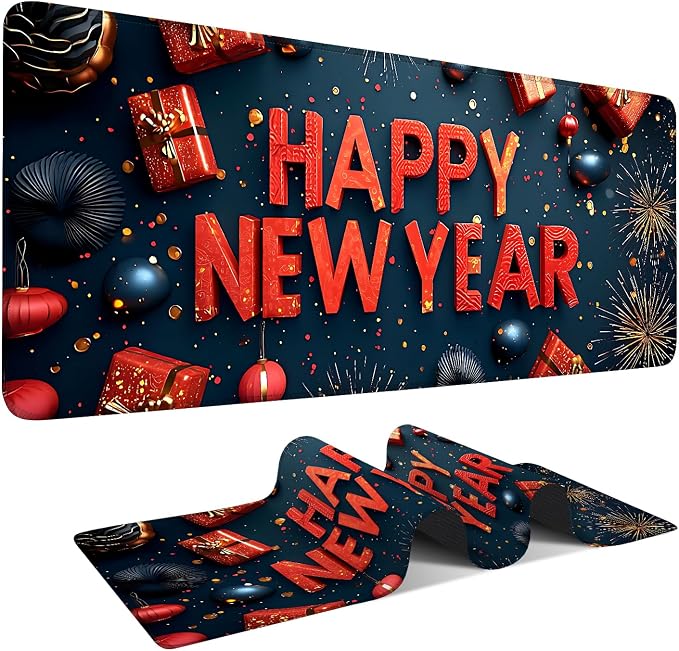 Happy New Year Gaming Mouse Pad 31.5"x11.8"Desk Mat Anti-Slip Rubber Base & by ANNAQUEEN