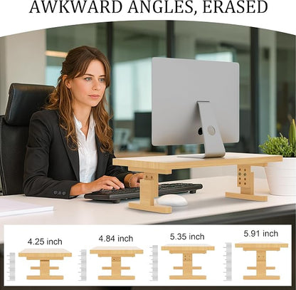 Bamboo Monitor Stand Riser for Desk, Height Adjustable Computer Riser & Laptop - Image 2