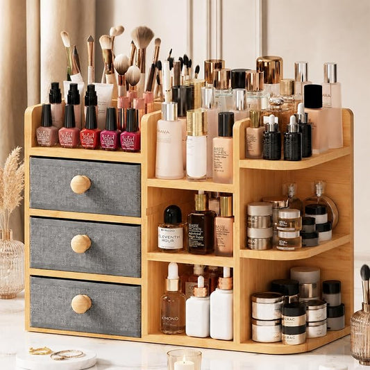 Large Makeup Organizer For Vanity, Large Capacity 3 Tiers Bamboo Bathroom by X-cosrack