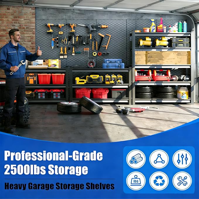 5 Tier Metal Garage Shelving, 36 Wide Heavy Duty Adjustable Garage Storage - Image 2