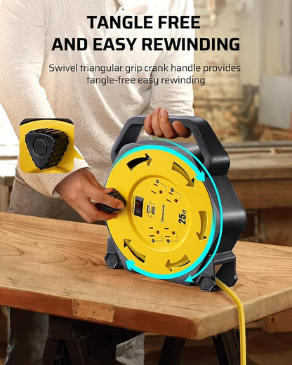 DEWENWILS Cord Reel with 4 Power Outlets, 2-USB Ports, 25FT Retractable - Image 5