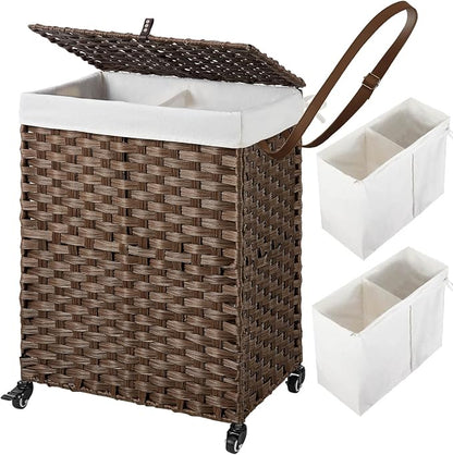 Greenstell Laundry Hamper with Wheels, No Install Needed, 90L Divided Handwoven by Greenstell
