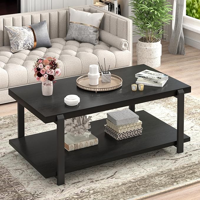 FOLUBAN Black Coffee Table, Modern Rustic Wood Center Table by FOLUBAN