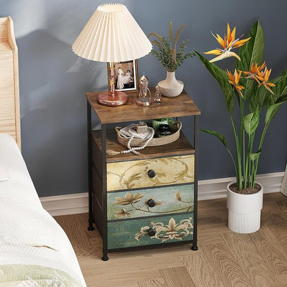 Tohomeor Nightstand with 3 Fabric Drawers Retro End Table with Storage Shelf - Image 3