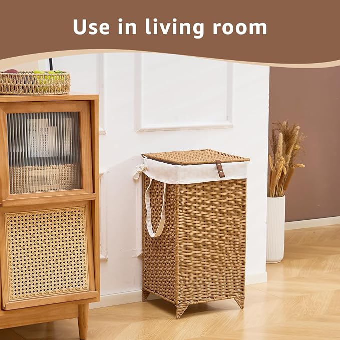 Laundry Hamper with Lid and Removable Liner Bag, Handwoven Rattan Clothes - Image 4