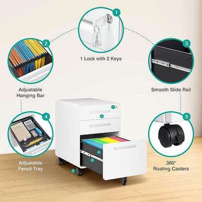 3 Drawer File Cabinet with Lock, Under Desk File Cabinet, Three Drawer Filing - Image 6