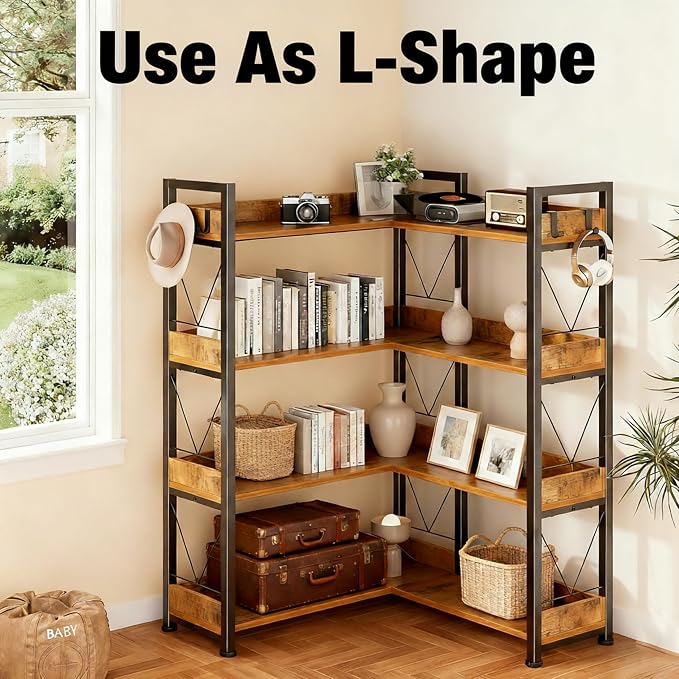 HealSmart 5 Tier L Shape Bookshelf, Industrial Wooden Bookcase - Image 4
