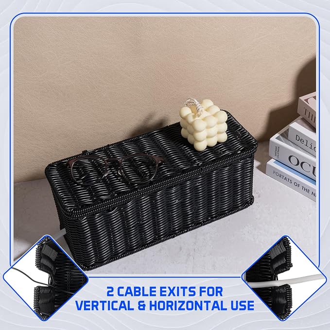 Cable Management Box, Handmade Rattan Cable Organizer, 2 Open Slots Cords Hider - Image 7