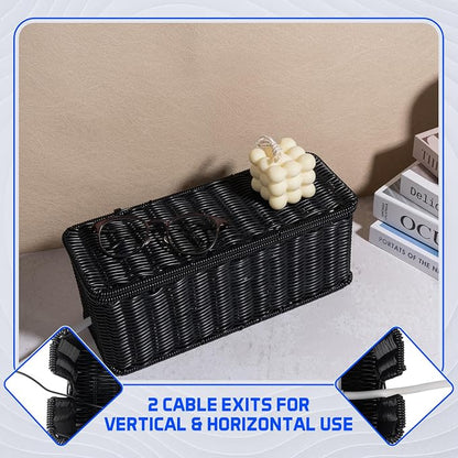 Cable Management Box, Handmade Rattan Cable Organizer, 2 Open Slots Cords Hider - Image 7