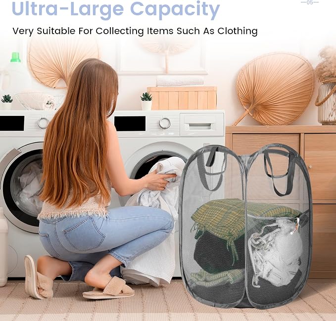 HOUSE AGAIN 2 Pcs Pop Up Laundry Hamper, Strong Mesh Laundry Baskets Collapsible - Image 3