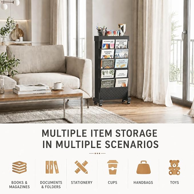 6-Tier Rolling Bookshelf Magazine Rack - Image 6