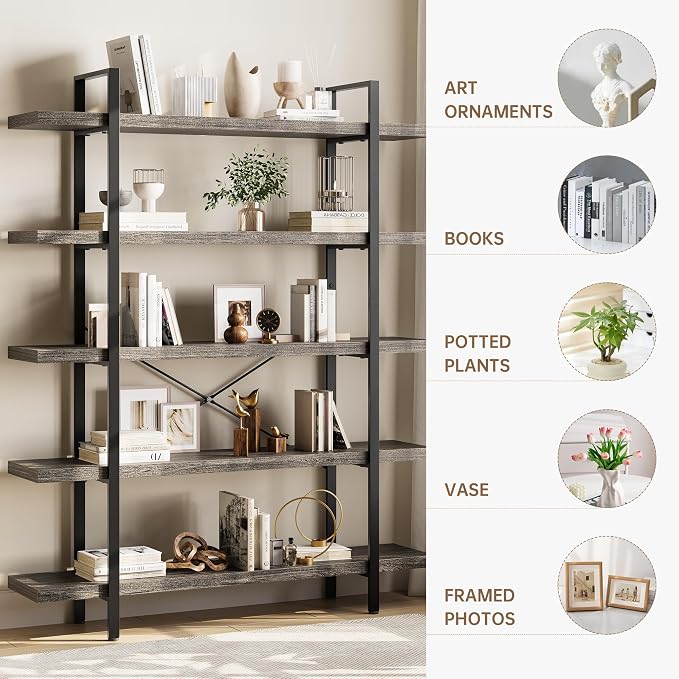 Heavy Duty 5-Tier Industrial Bookcase, 120lbs Shelf Capacity, Rustic Shelving - Image 3