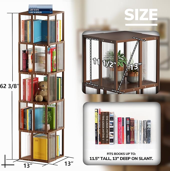 BAMEOS Solid Wood Rotating Bookshelf Tower 5 Tier，360°Storage Spinning Bookcase - Image 2