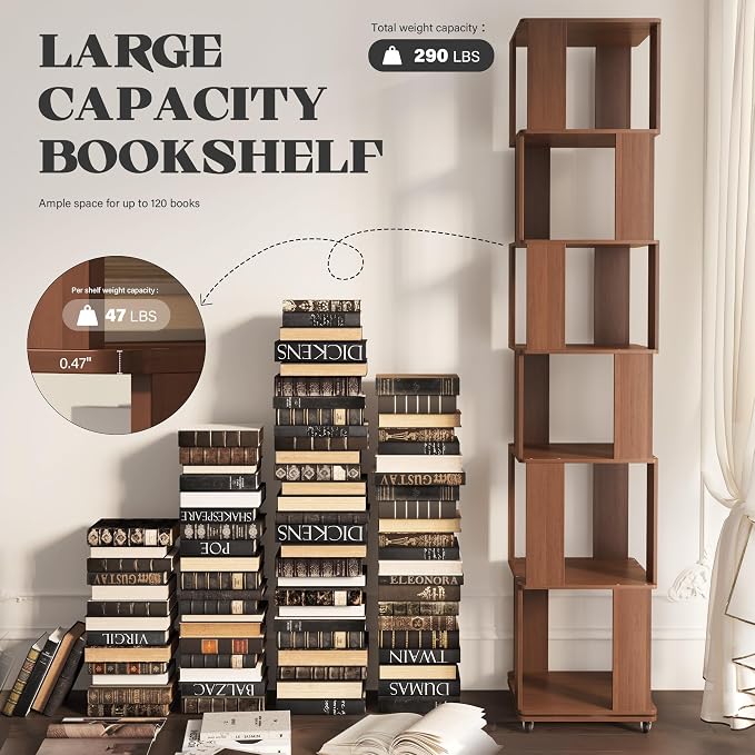 79-Inch 6 Tier Solid Wood Rotating Bookshelf Tower on Wheels, 360° Upgrade - Image 6