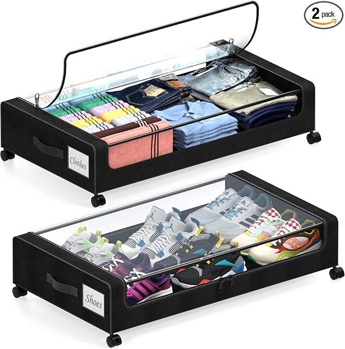 Under Bed Storage with Wheels, 2 Pack Under Bed Storage Containers with Clear by Unknown