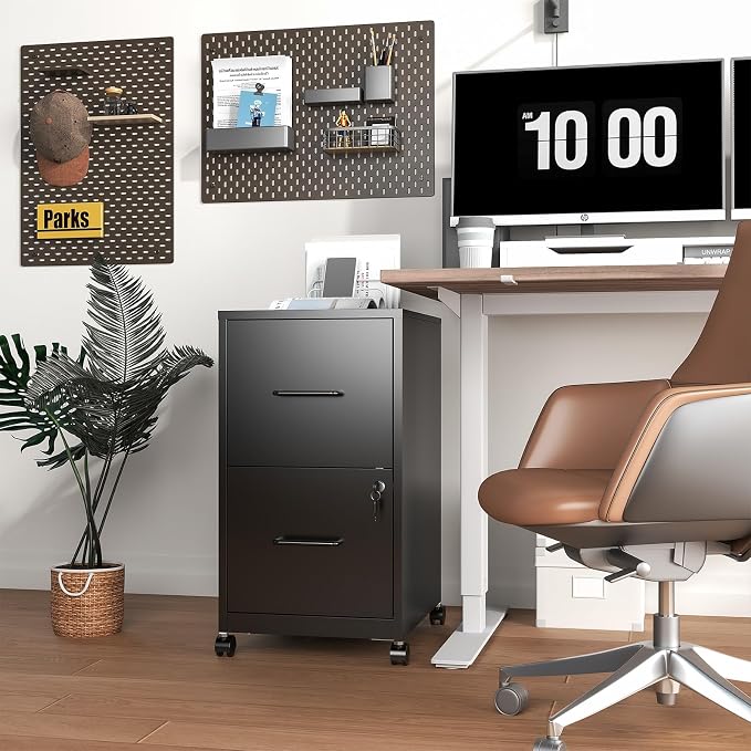 2 Drawer File Cabinet with Lock, Small Rolling Metal Office Storage Mobile - Image 2