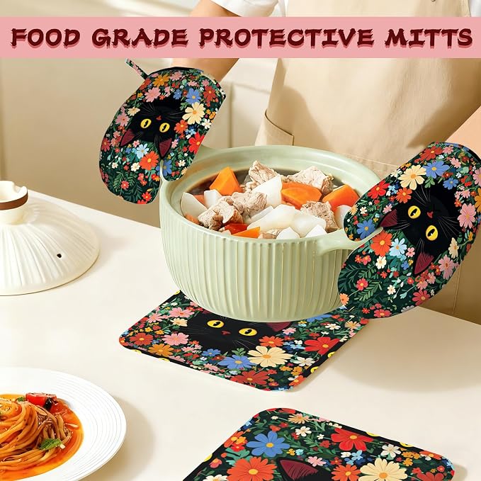 Funny Black Cat Heat-Resistant Silicone Oven Mitts and Pot Holders 4 Piece Set - Image 7