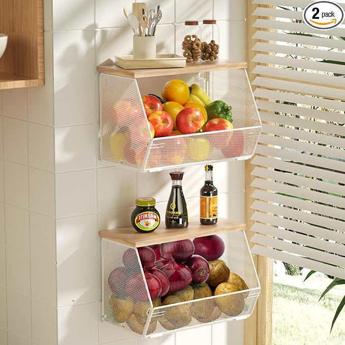 2 Tier Fruit Basket for Kitchen Counter, Stackable Onion and Potato Storage by Litwaro