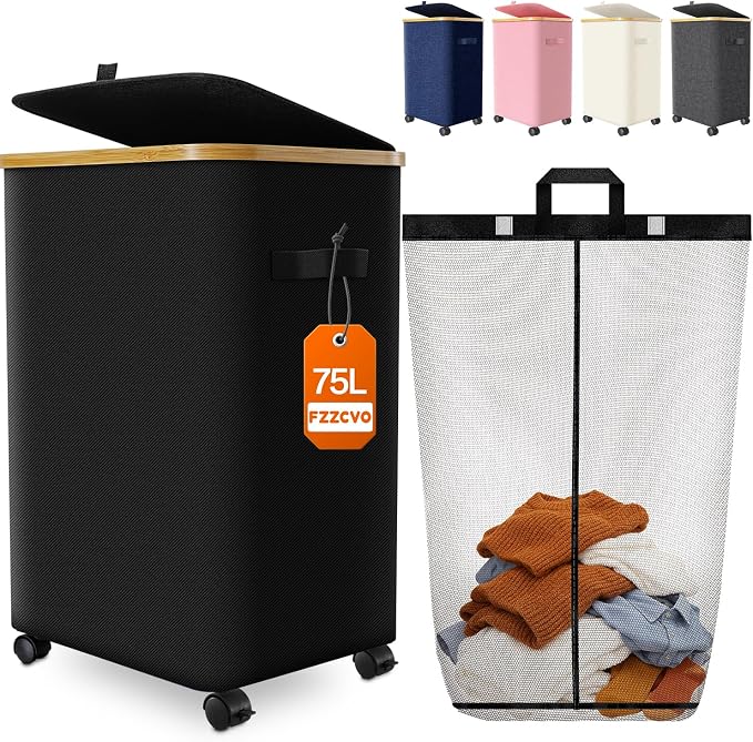 Laundry Hamper with Wheels, 75L Large Clothes Hamper with Removable Inner Bag by Fzzcvo