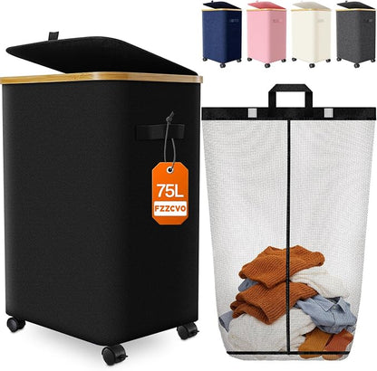 Laundry Hamper with Wheels, 75L Large Clothes Hamper with Removable Inner Bag by Fzzcvo