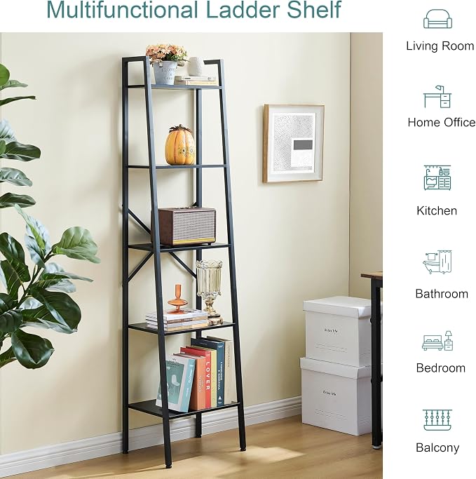 Hoctieon 5-Tier Industrial Ladder Bookshelf, Narrow Ladder Shelf, Tall Standing - Image 9