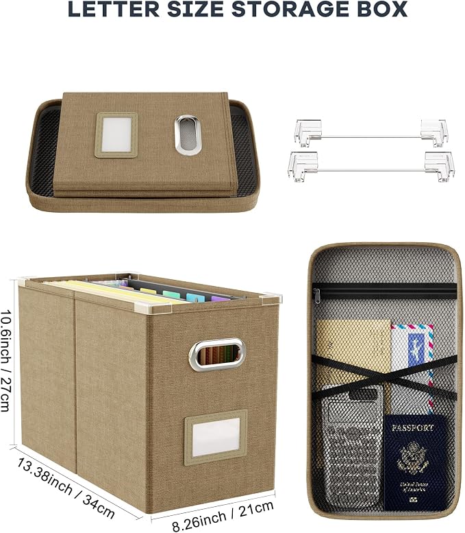File Organizer Box with Lid, Hanging Filing File Box with Mesh Pocket, Document - Image 2